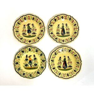 Set of 4 Henriot Quimper Plates France – Hand Painted Faience – Breton Folk Art